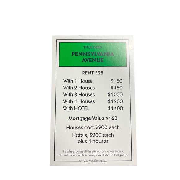Monopoly Here Now Pennsylvania Ave Property Title Deed Card Replacement 2008 u - Picture 1 of 5